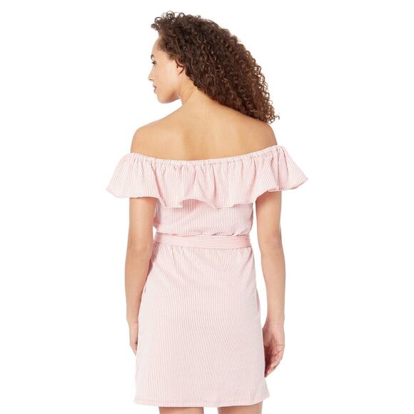 Michael Michael Kors Women Pink Pinstripe Off-the-Shoulder Mini Dress Size L - Picture 3 of 5